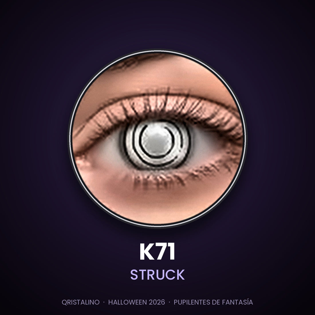 Look sugerido pupilentes Halloween K71 Struck – imagen referencial generada con IA – Qristalino México
