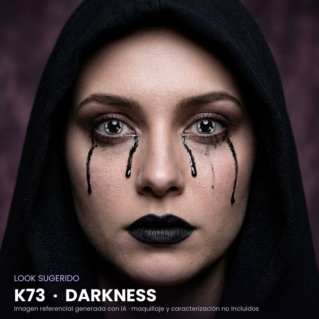 Look sugerido pupilentes Halloween K73 Darkness – imagen referencial generada con IA – Qristalino México