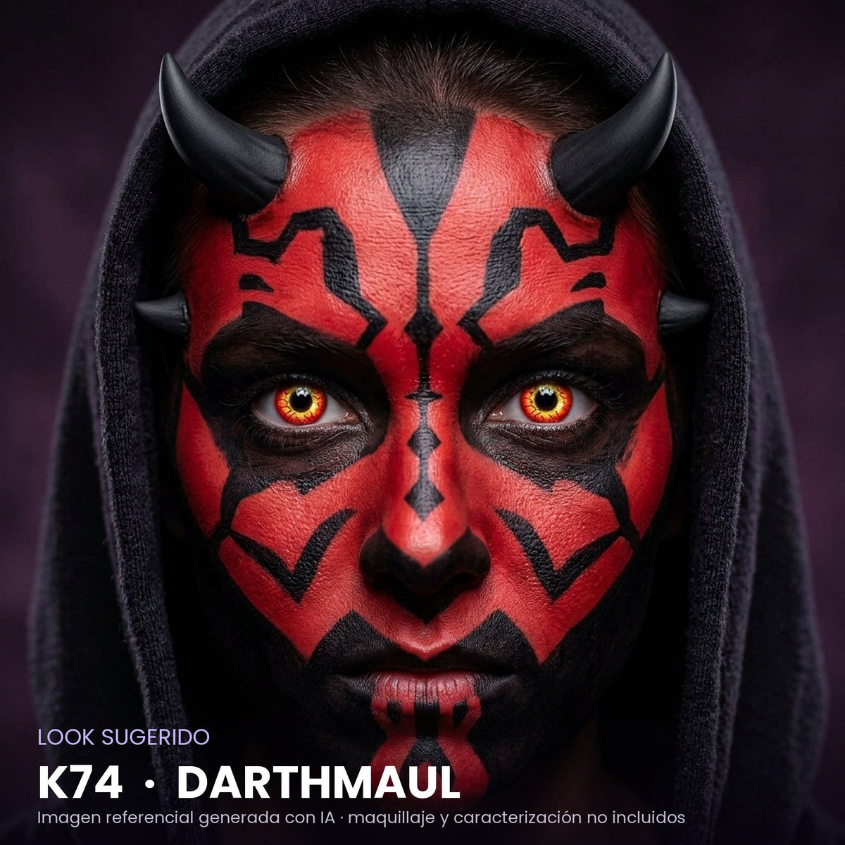 Look sugerido pupilentes Halloween K74 Darthmaul – imagen referencial generada con IA – Qristalino México
