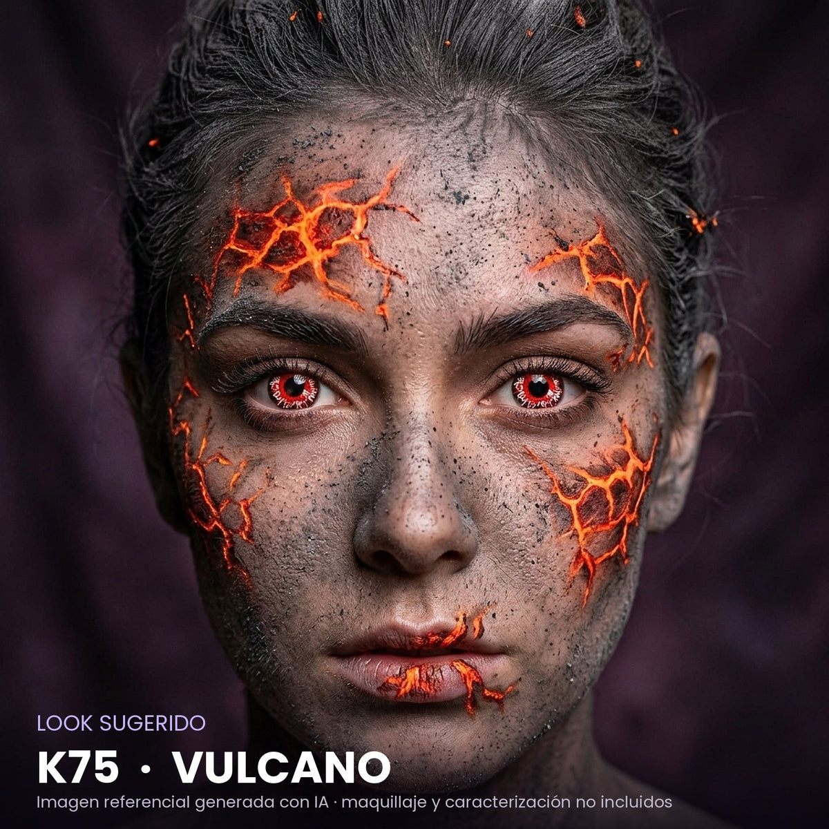 Look sugerido pupilentes Halloween K75 Vulcano – imagen referencial generada con IA – Qristalino México