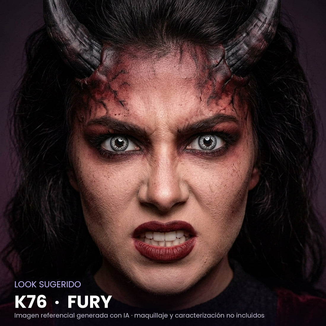Look sugerido pupilentes Halloween K76 Fury – imagen referencial generada con IA – Qristalino México