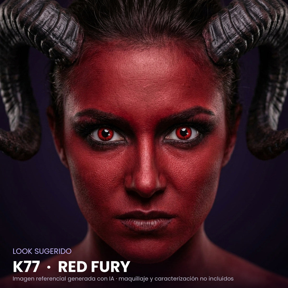 Look sugerido pupilentes Halloween K77 Red Fury – imagen referencial generada con IA – Qristalino México