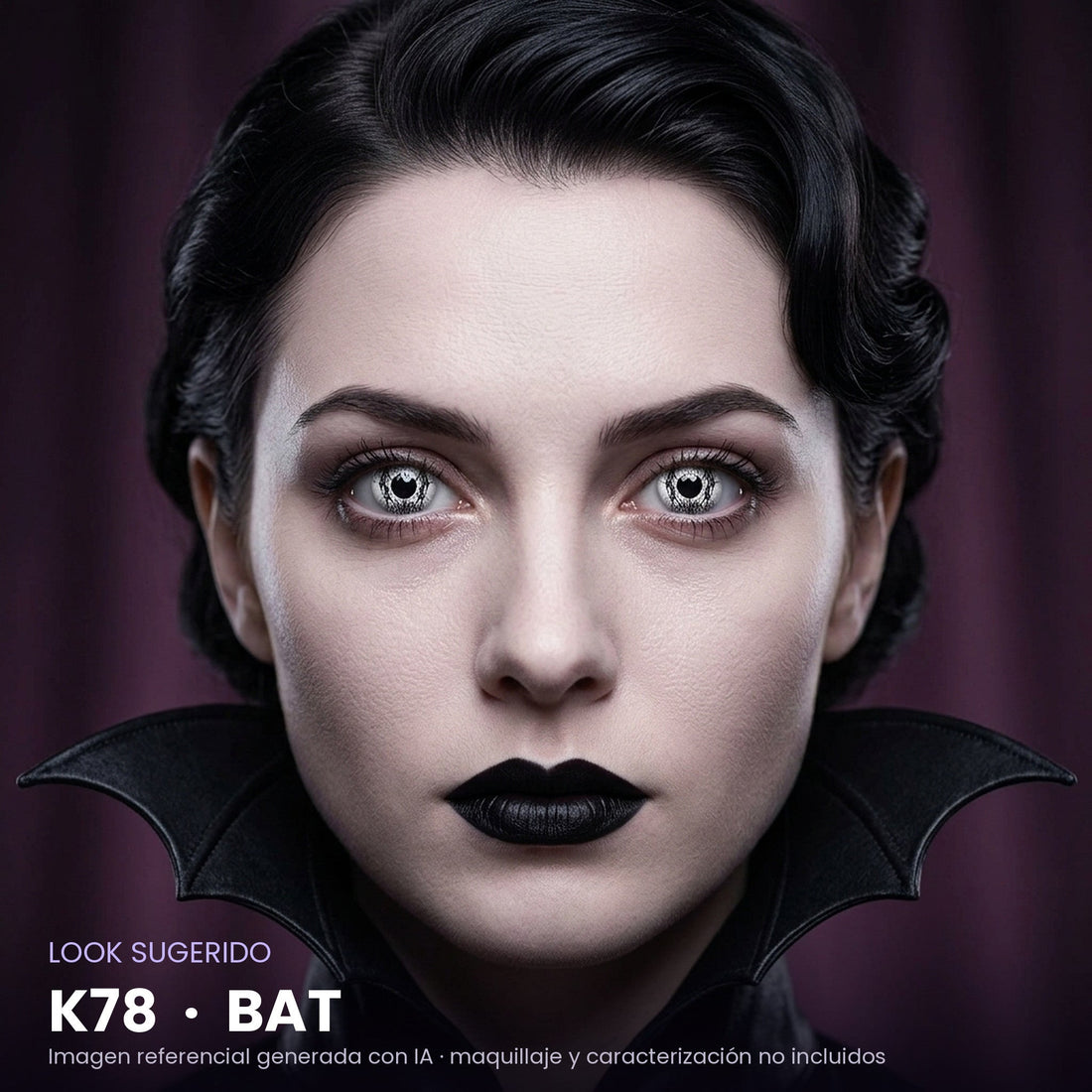 Look sugerido pupilentes Halloween K78 Bat – imagen referencial generada con IA – Qristalino México