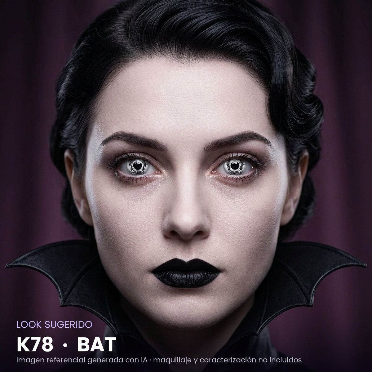 Look sugerido pupilentes Halloween K78 Bat – imagen referencial generada con IA – Qristalino México