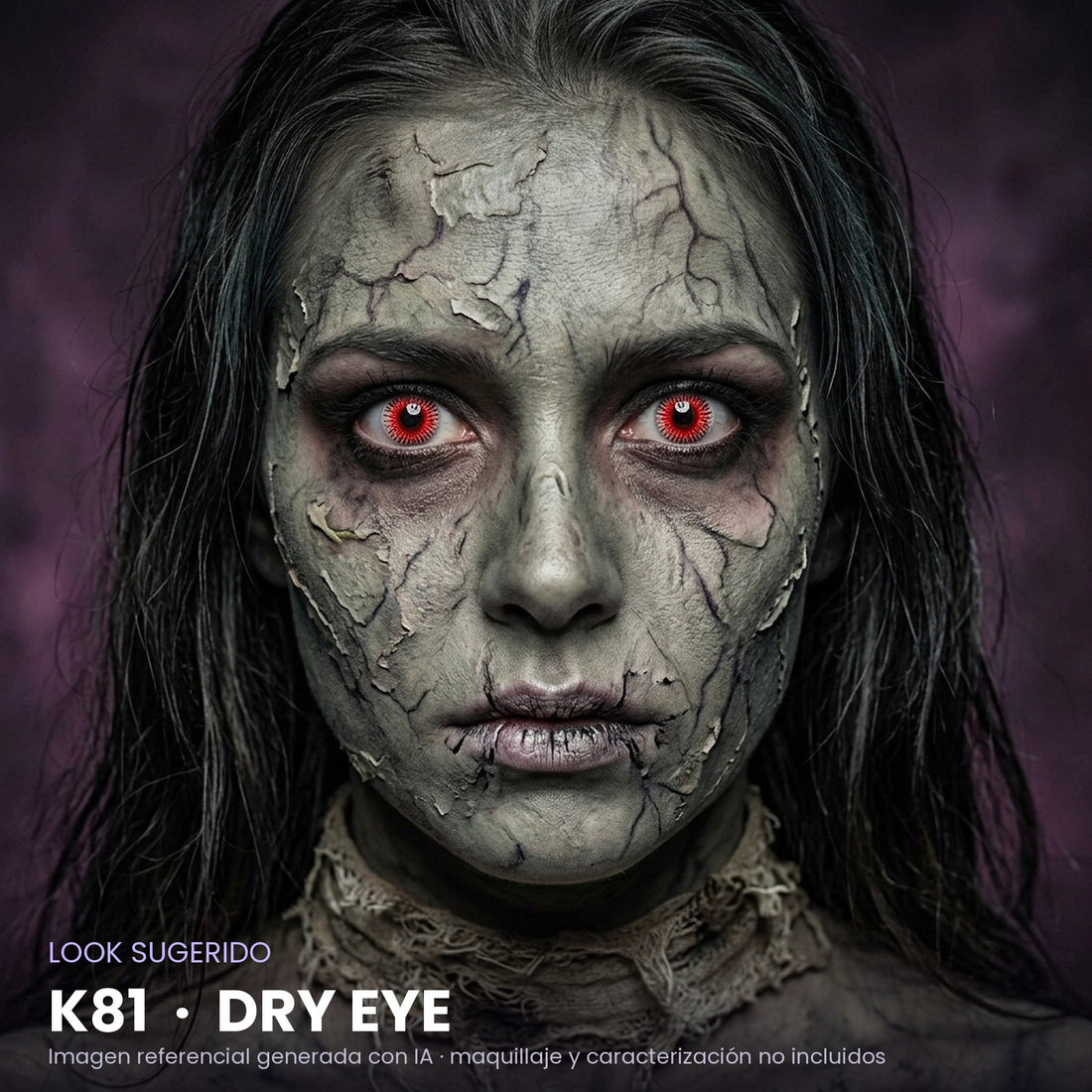 Look sugerido pupilentes Halloween K81 Dry Eye – imagen referencial generada con IA – Qristalino México