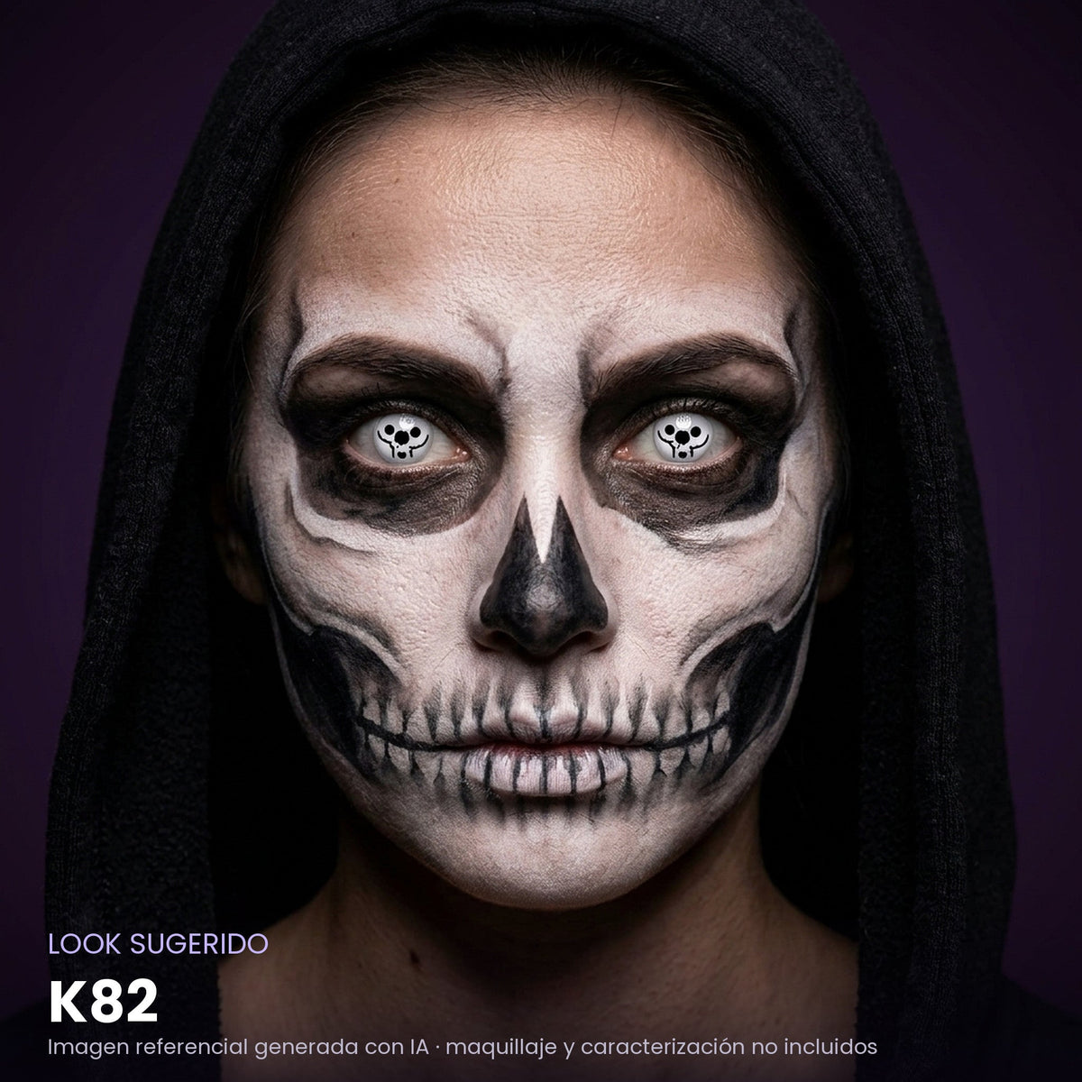 Look sugerido pupilentes Halloween K82 – imagen referencial generada con IA – Qristalino México