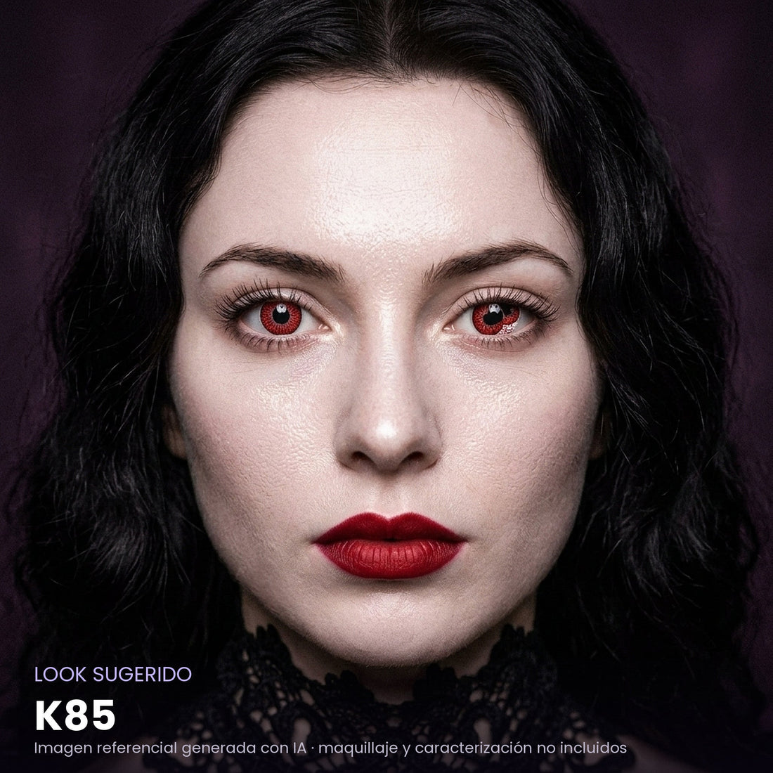 Look sugerido pupilentes Halloween K85 – imagen referencial generada con IA – Qristalino México