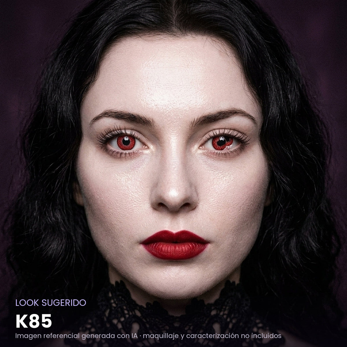 Look sugerido pupilentes Halloween K85 – imagen referencial generada con IA – Qristalino México