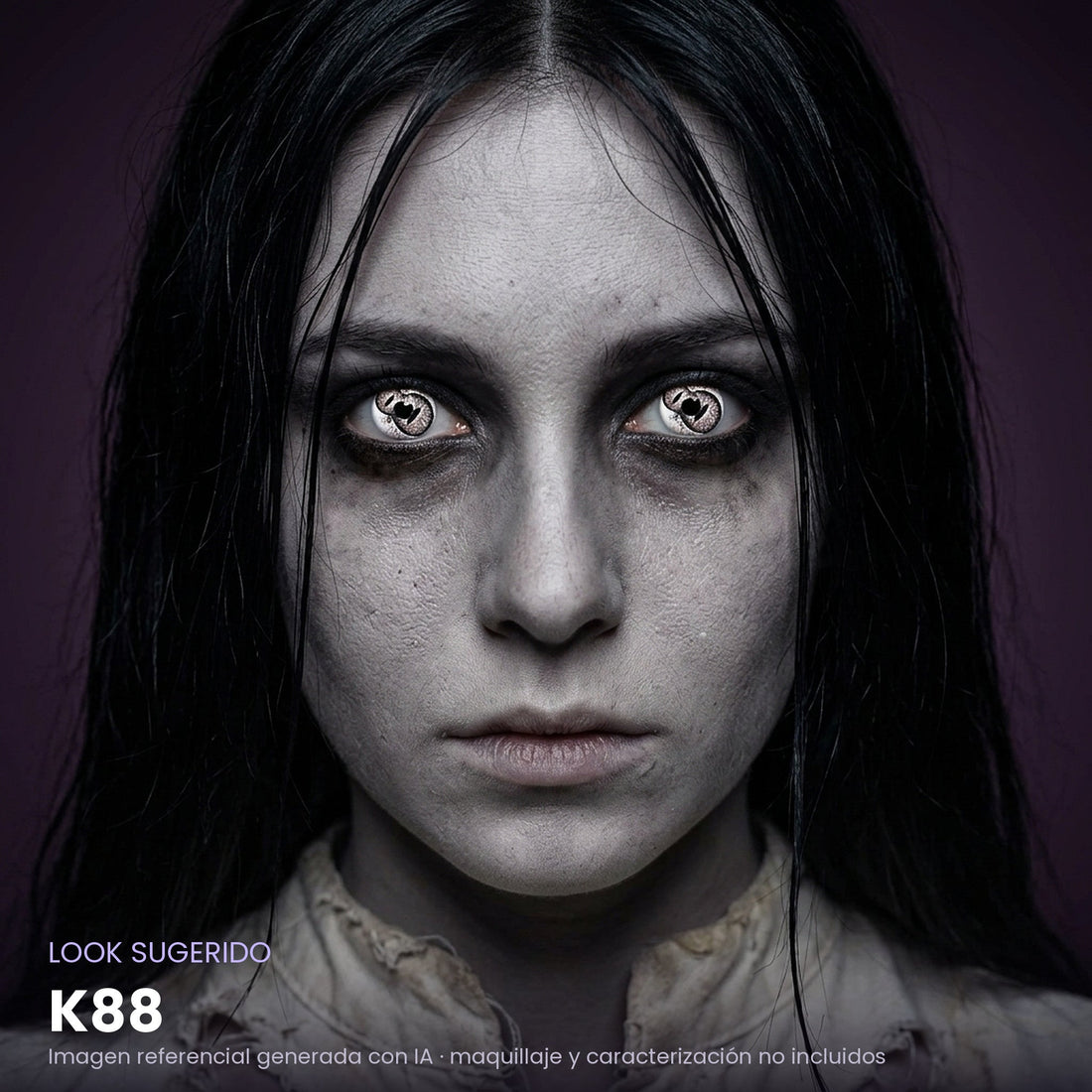 Look sugerido pupilentes Halloween K88 – imagen referencial generada con IA – Qristalino México