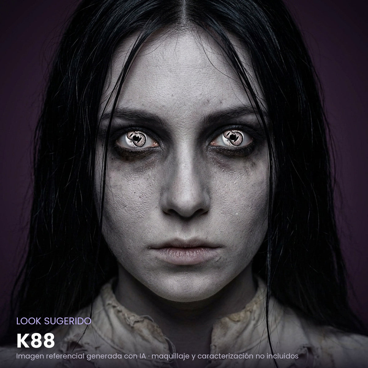 Look sugerido pupilentes Halloween K88 – imagen referencial generada con IA – Qristalino México