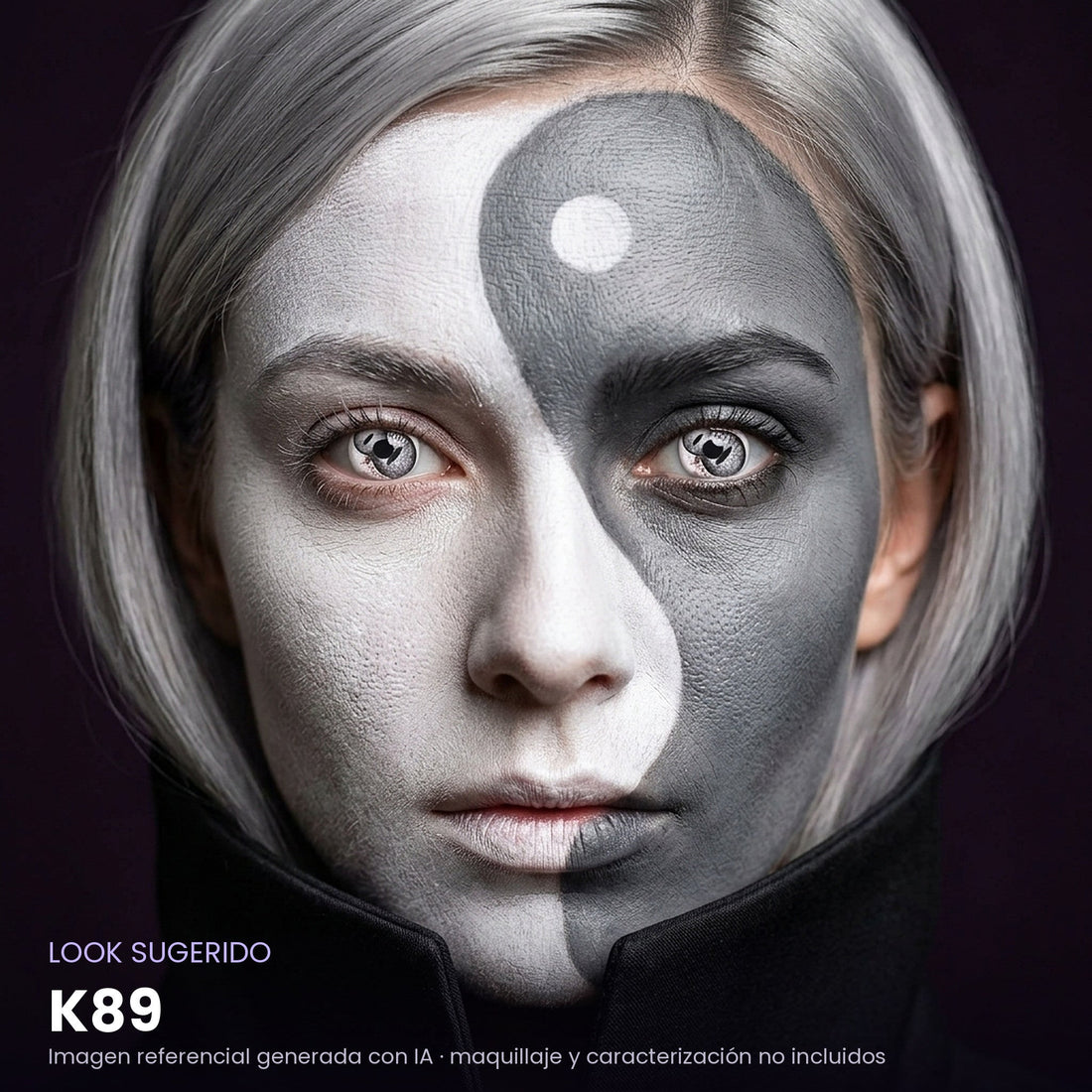 Look sugerido pupilentes Halloween K89 – imagen referencial generada con IA – Qristalino México