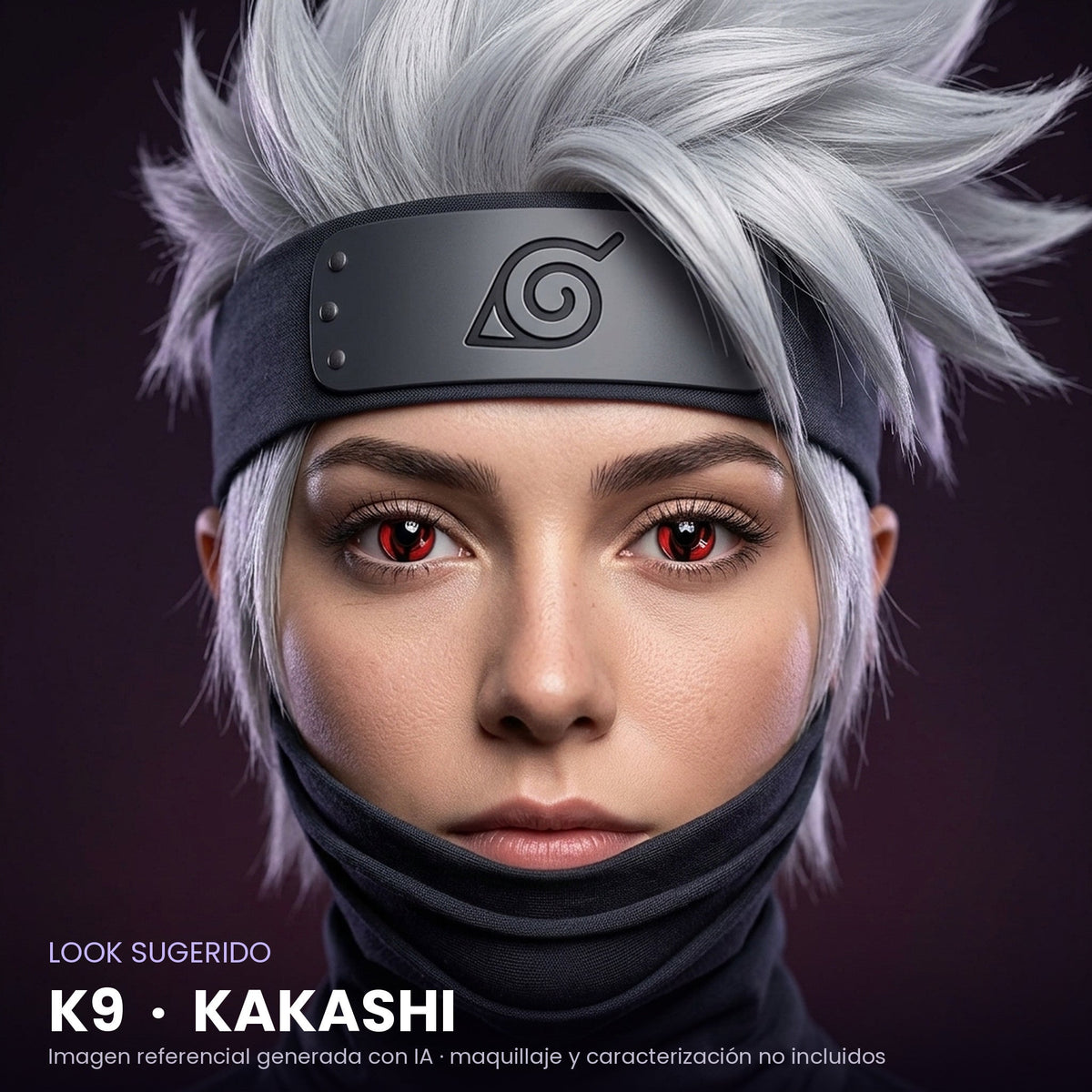 Look sugerido pupilentes Halloween K9 Kakashi – imagen referencial generada con IA – Qristalino México