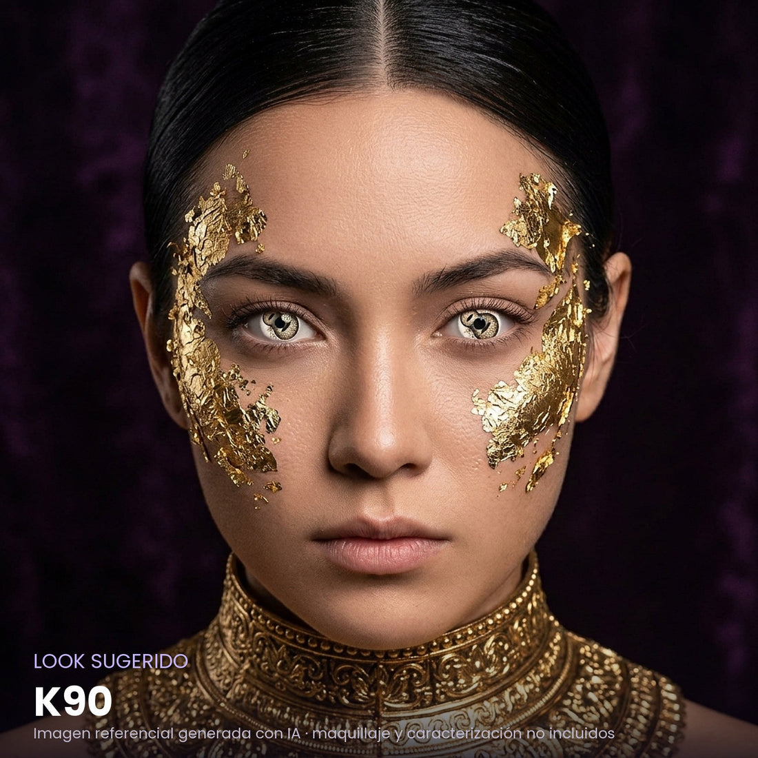 Look sugerido pupilentes Halloween K90 – imagen referencial generada con IA – Qristalino México