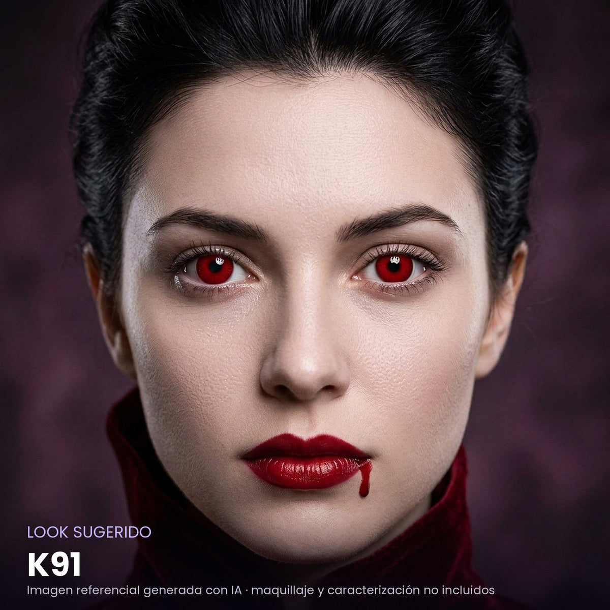 Look sugerido pupilentes Halloween K91 – imagen referencial generada con IA – Qristalino México