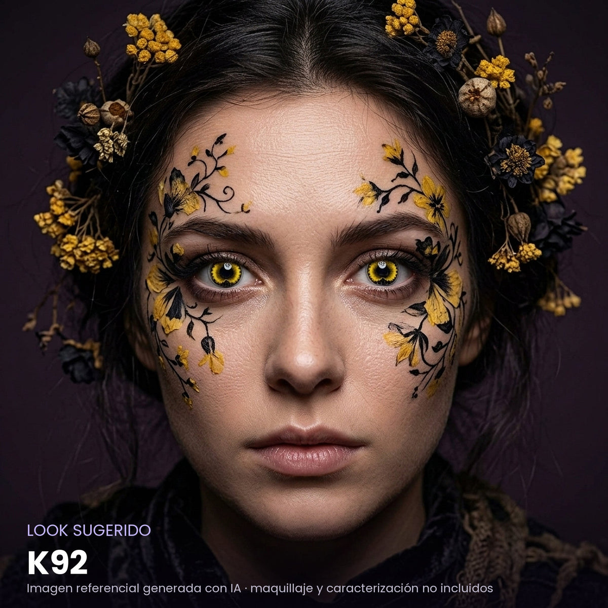 Look sugerido pupilentes Halloween K92 – imagen referencial generada con IA – Qristalino México
