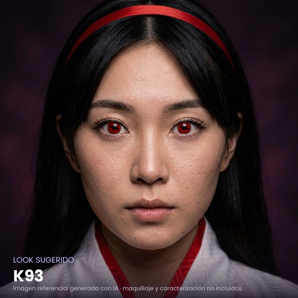 Look sugerido pupilentes Halloween K93 – imagen referencial generada con IA – Qristalino México