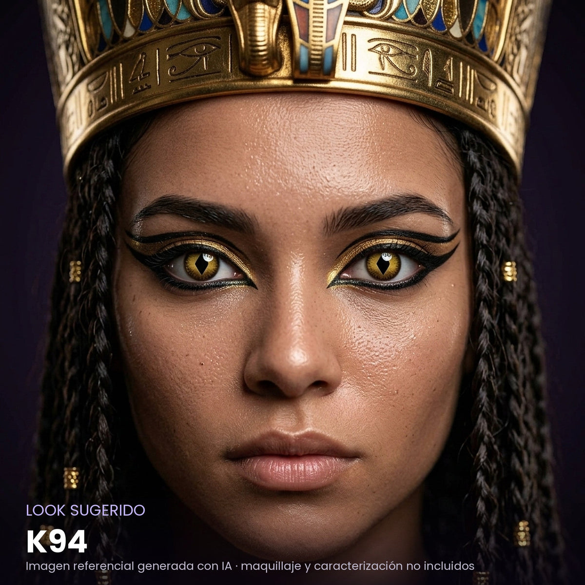 Look sugerido pupilentes Halloween K94 – imagen referencial generada con IA – Qristalino México
